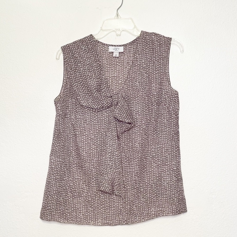 LOFT Sleeveless V Neck Bow Blouse Gray White Medium Petite